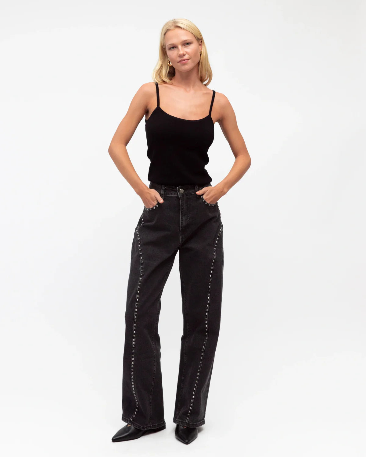 Contrasting Stud Denim Pants Charcoal