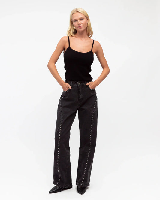 Contrasting Stud Denim Pants Charcoal